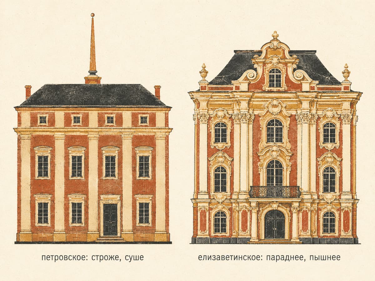 Сравнение петровского и елизаветинского барокко: более строгий фасад и более пышный фасад