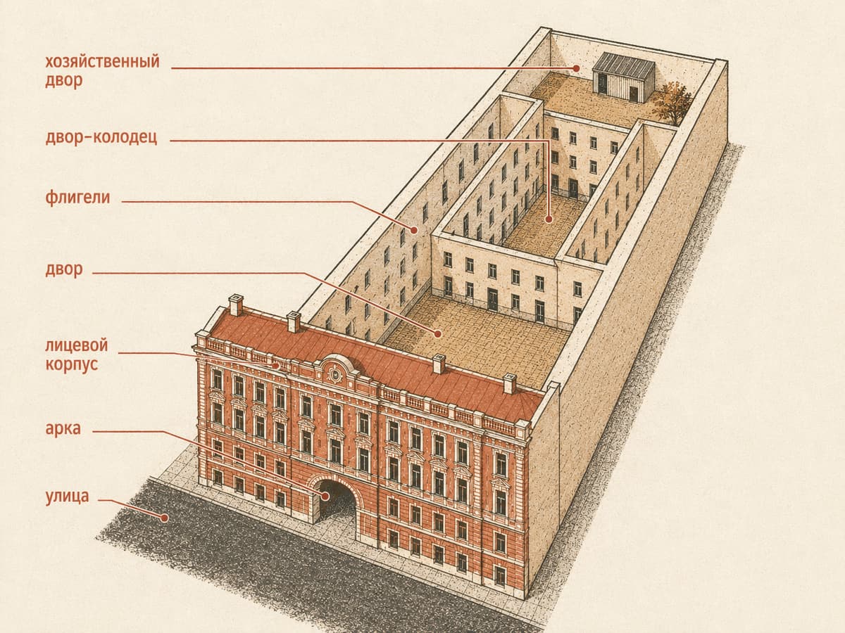Схема участка доходного дома: улица, лицевой корпус, арка, двор, флигели, двор-колодец и хозяйственный двор