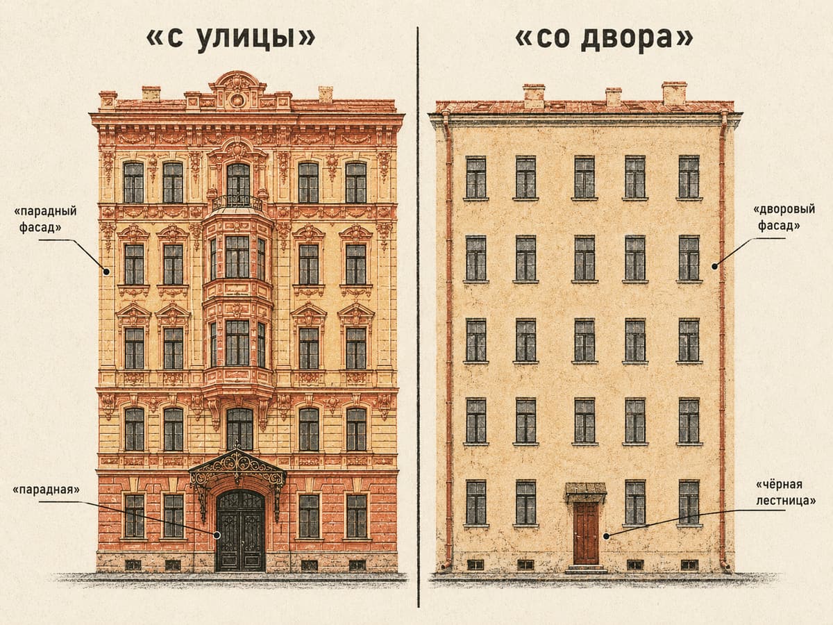 Сравнение парадного фасада с улицы и более простого дворового фасада