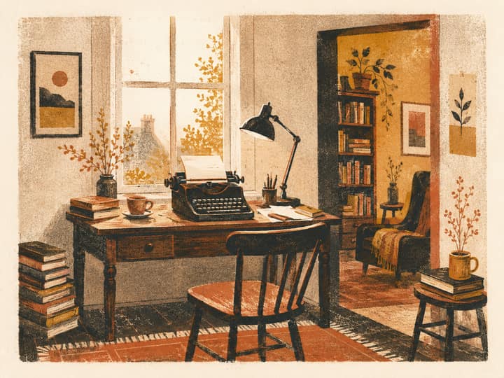 Комната с письменным столом, печатной машинкой, книгами и окном в теплой рисографской стилистике